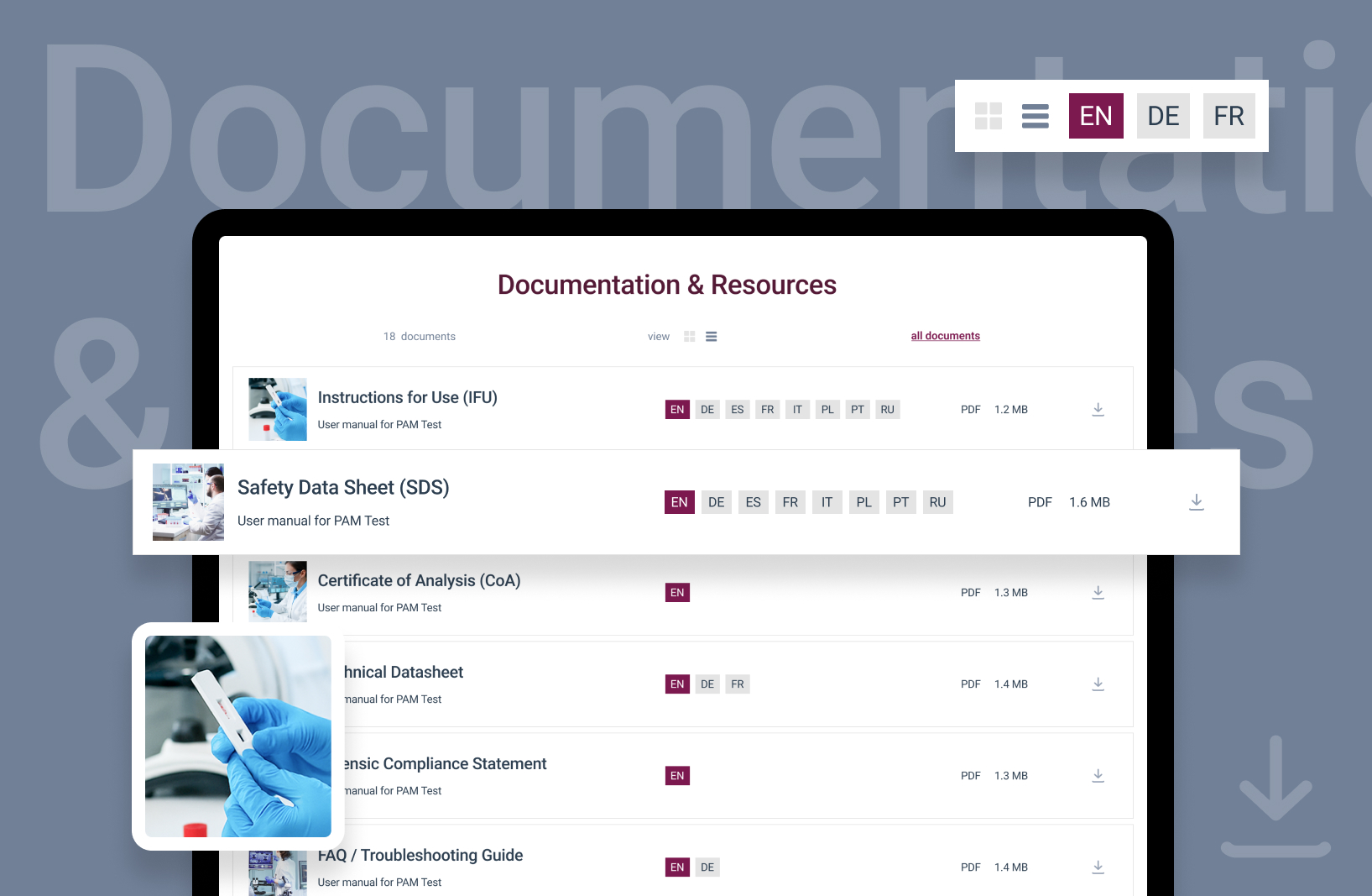 Dokumentations- und Downloadbereich mit Ressourcenliste, Sprachfiltern und Dateiformaten für Seratec-Produkte