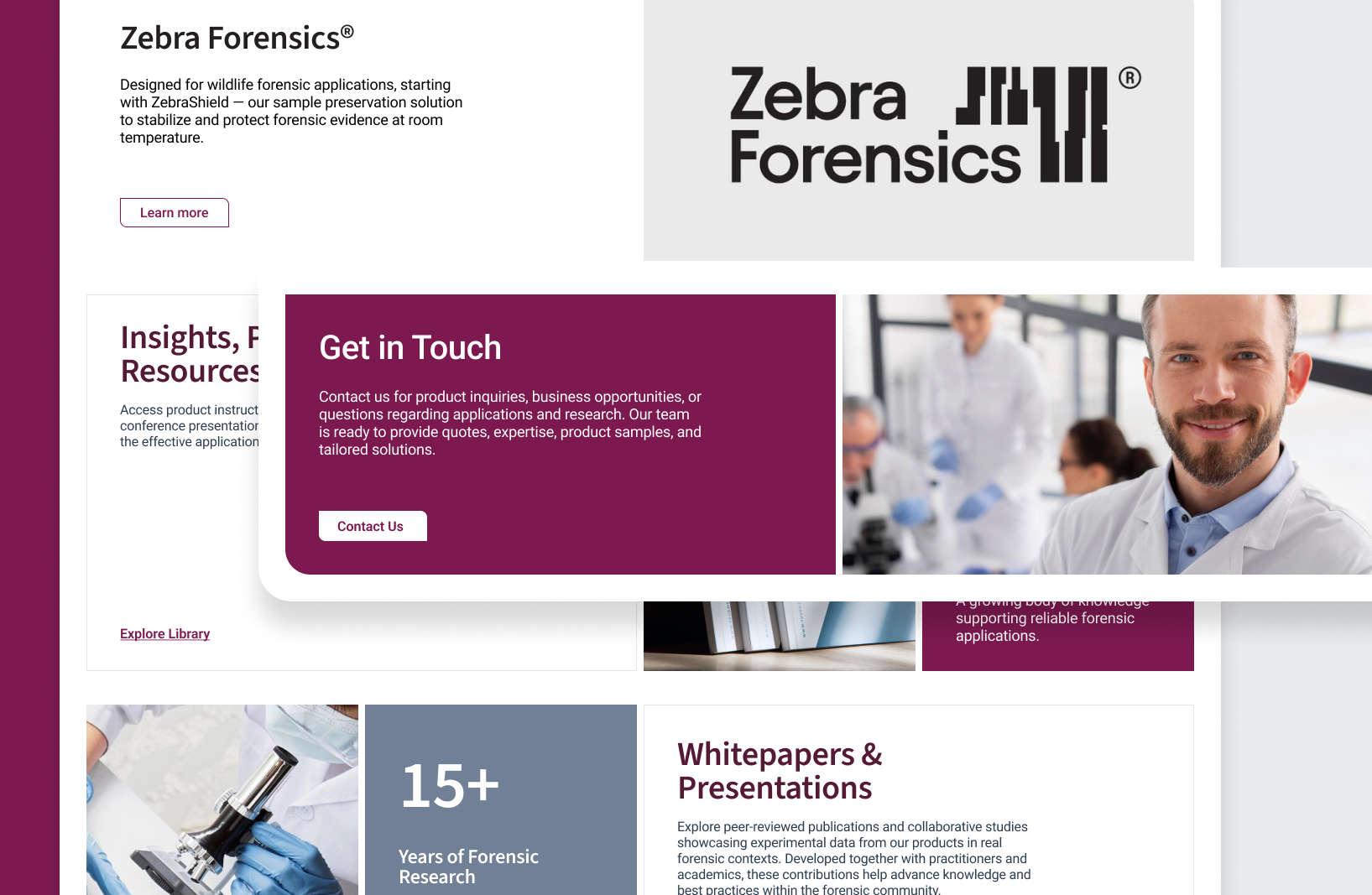 Bildkomposition aus Zebra-Forensics-Website mit Kontaktbereich, Whitepapers, Forschungshinweisen und Laborbild