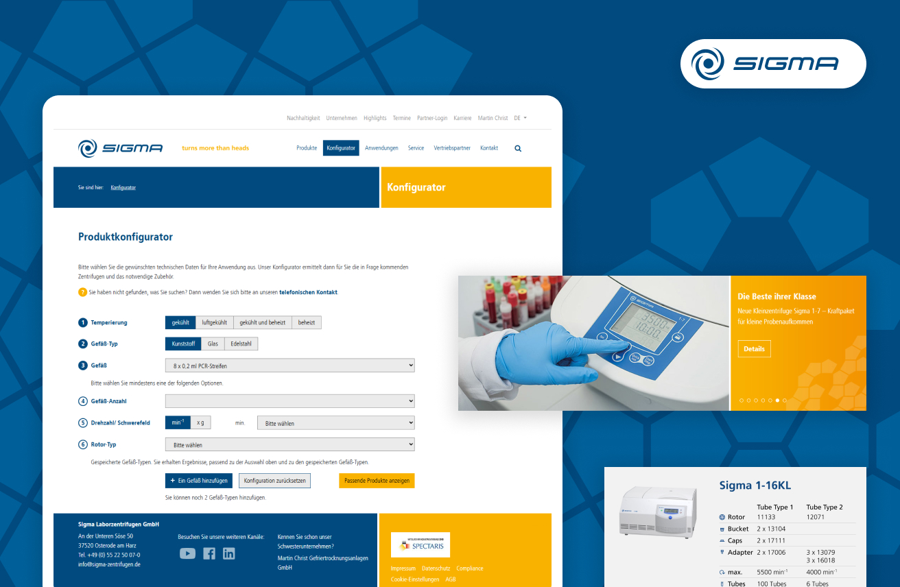 Sigma-Produktkonfigurator auf blauem Hintergrund mit Website-Ansicht, Geräteabbildungen und hervorgehobenem Markenlogo