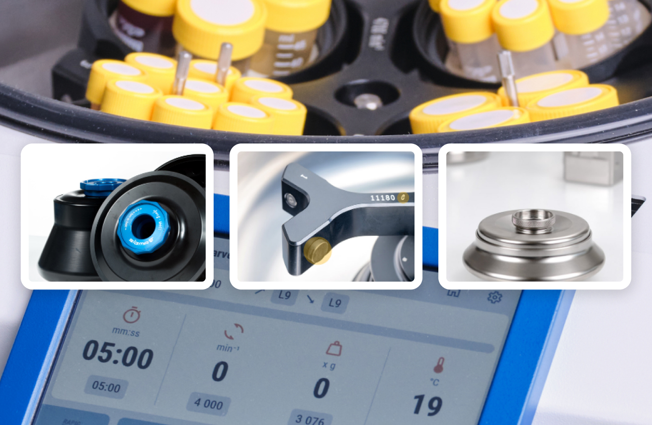 Nahaufnahme einer Laborzentrifuge mit Probenröhrchen und eingeblendeten Detailansichten von Rotor- und Gerätekomponenten