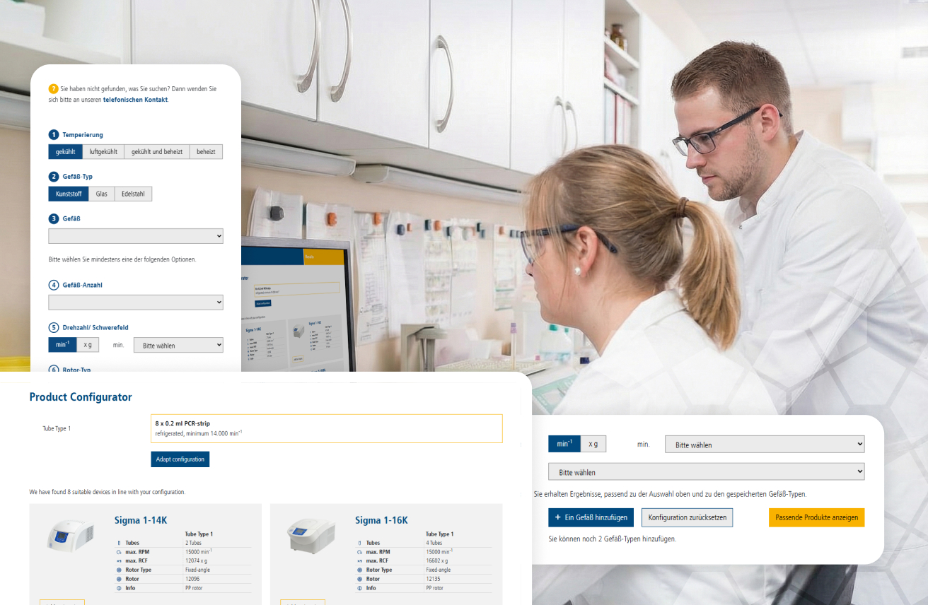 Zwei Labormitarbeiter nutzen den Sigma-Produktkonfigurator am Bildschirm, ergänzt durch eingeblendete Formular- und Ergebnisbereiche
