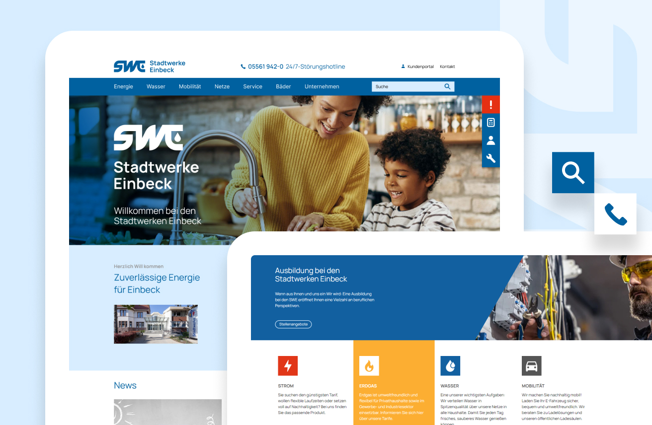 Bildkomposition der Stadtwerke-Einbeck-Website mit Startseite, Ausbildungsbereich und Service-Icons