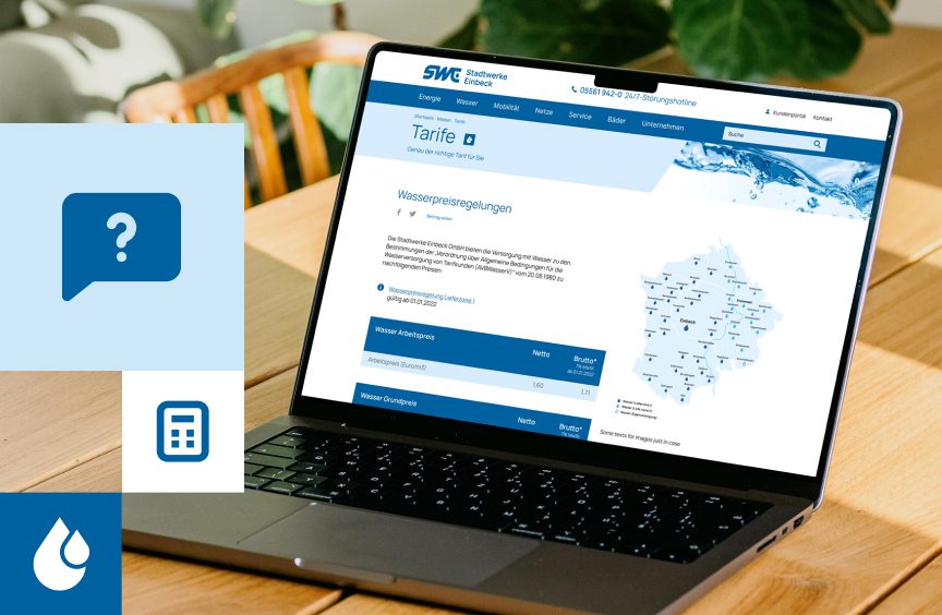 Laptop mit geöffneter Tarifseite der Stadtwerke Einbeck auf einem Holztisch, ergänzt durch Service-Icons