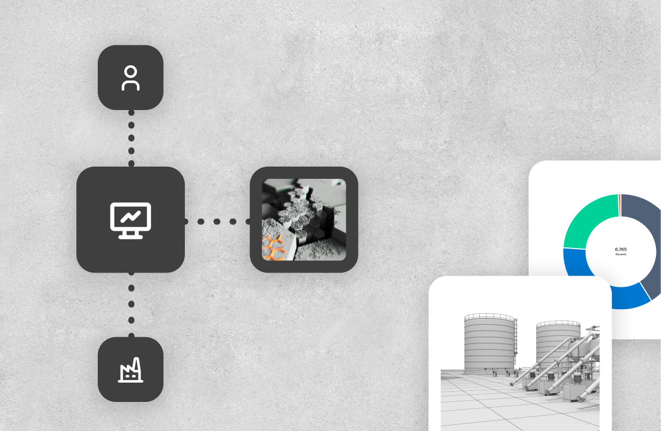 Abstrakte Bildkomposition eines digitalen Datenprozesses mit Icons, Industriebezug und eingeblendeten Diagramm-Elementen.