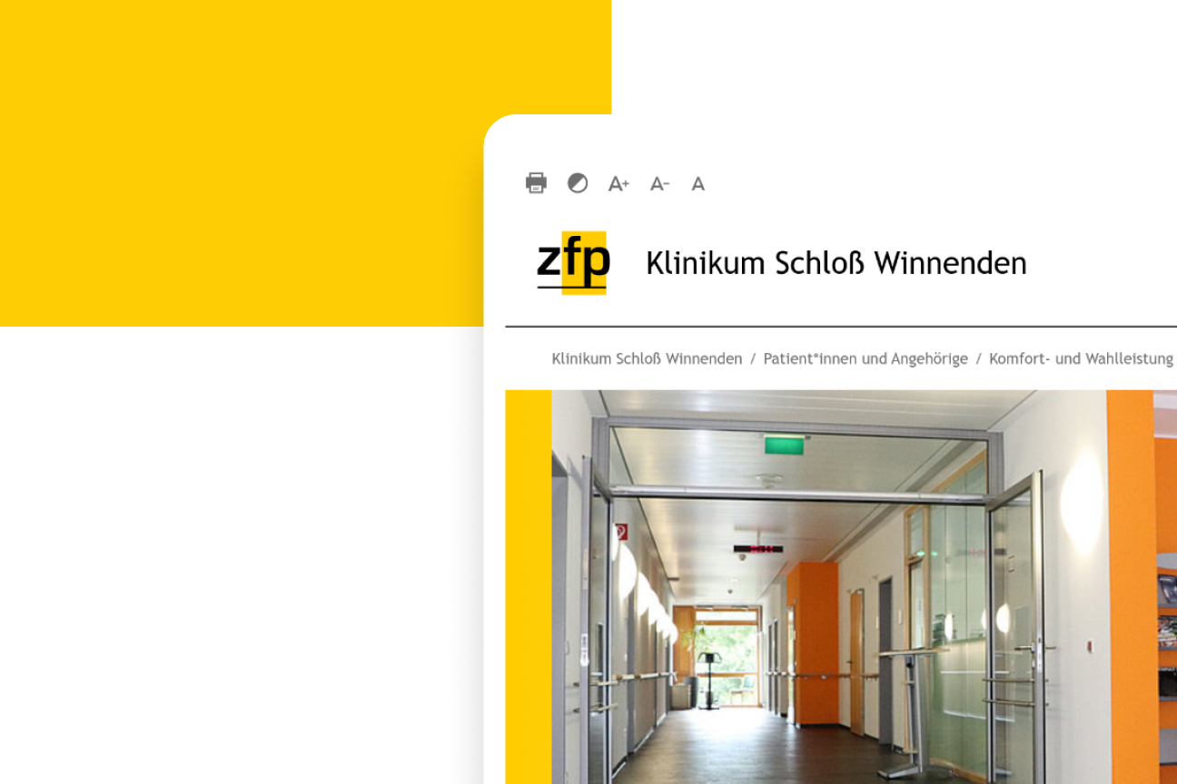 Website-Ausschnitt des Klinikums Schloß Winnenden mit zfp-Logo und Flurseite im Inhaltsbereich