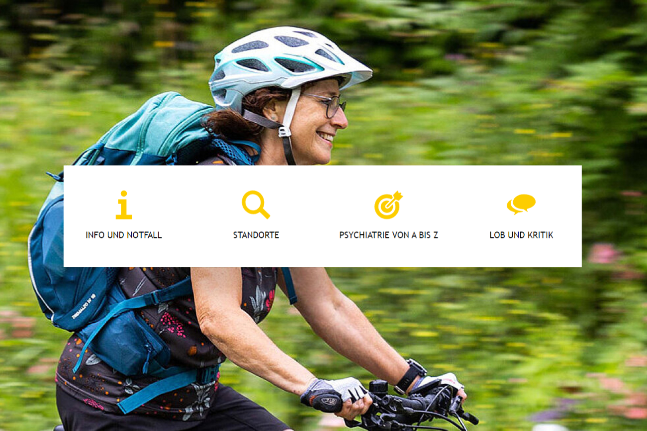 Frau mit Fahrradhelm fährt durch grüne Umgebung, ergänzt durch Navigationskacheln zu Info, Standorten und Lob und Kritik